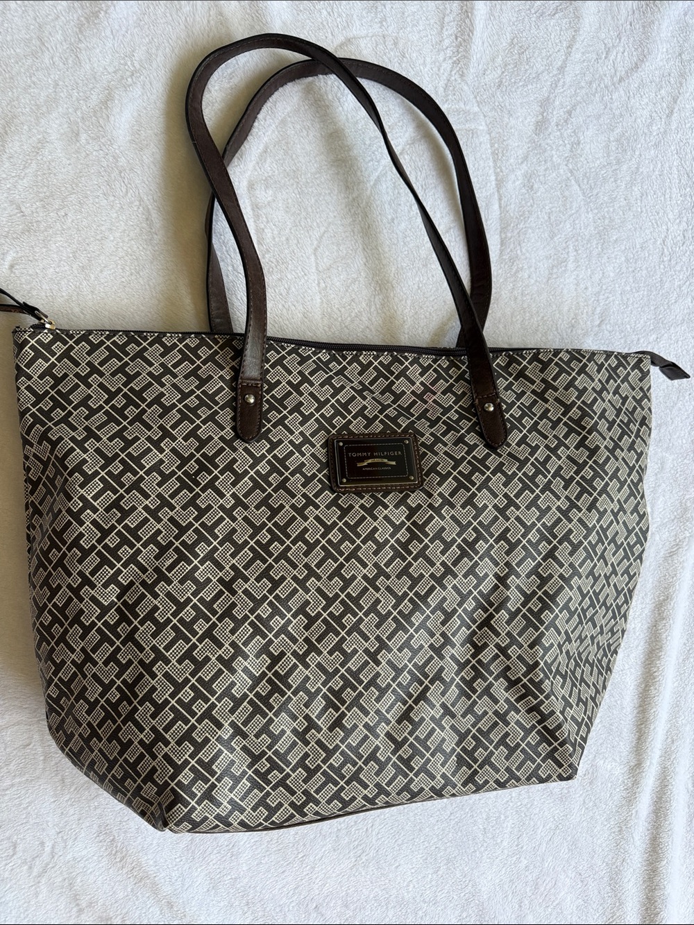 Tommy Hilfiger Brown and Cream Geometric Tote